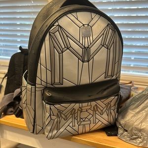 MCM Logo Bionic Silver and Black Leather & Pvc Backpack